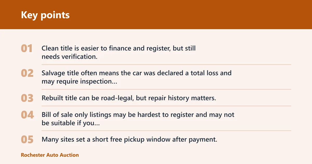 Key points: Title status, pickup, and shipping