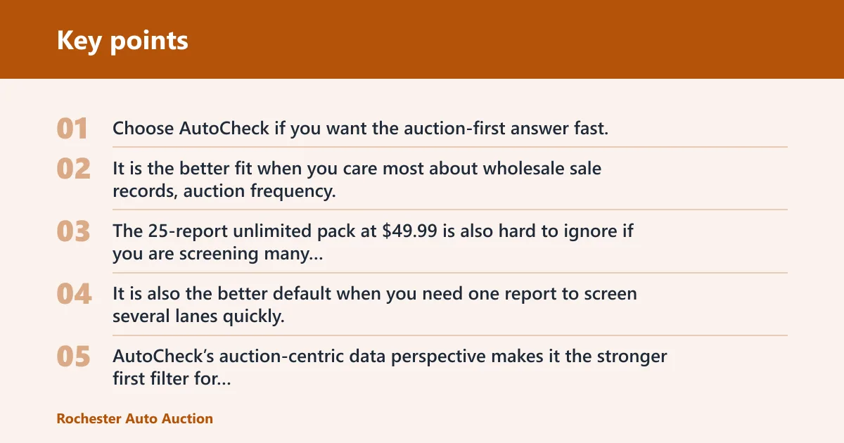 Key points: Choose AutoCheck if… / Choose CARFAX if…