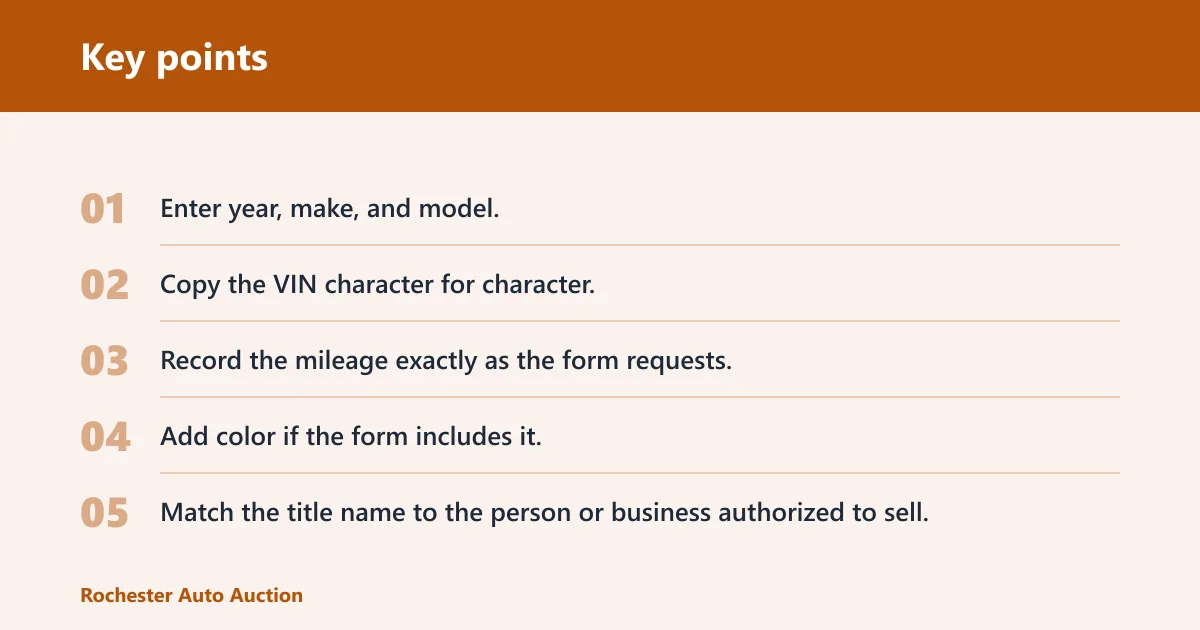Key points: Where do I find the VIN, mileage, and title details on the form?