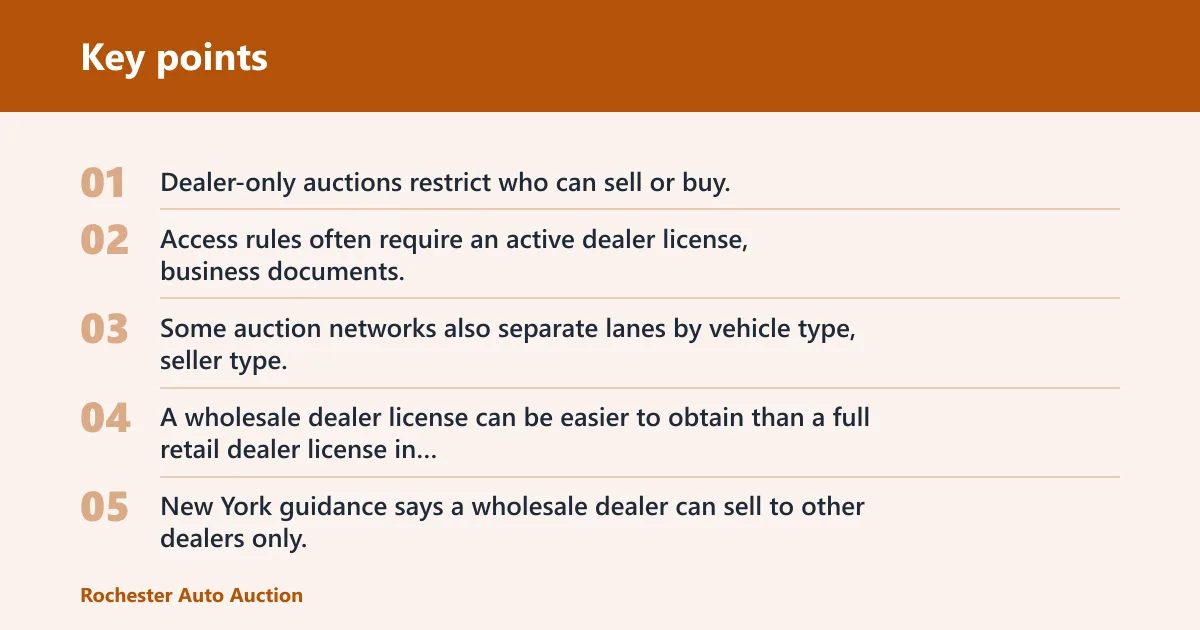 Key points: What dealer-only, wholesale, and auction-only licenses allow
